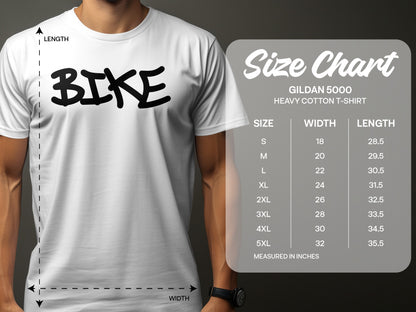 BIKE Graphic T-shirt Size Chart in Various Sizes product type
