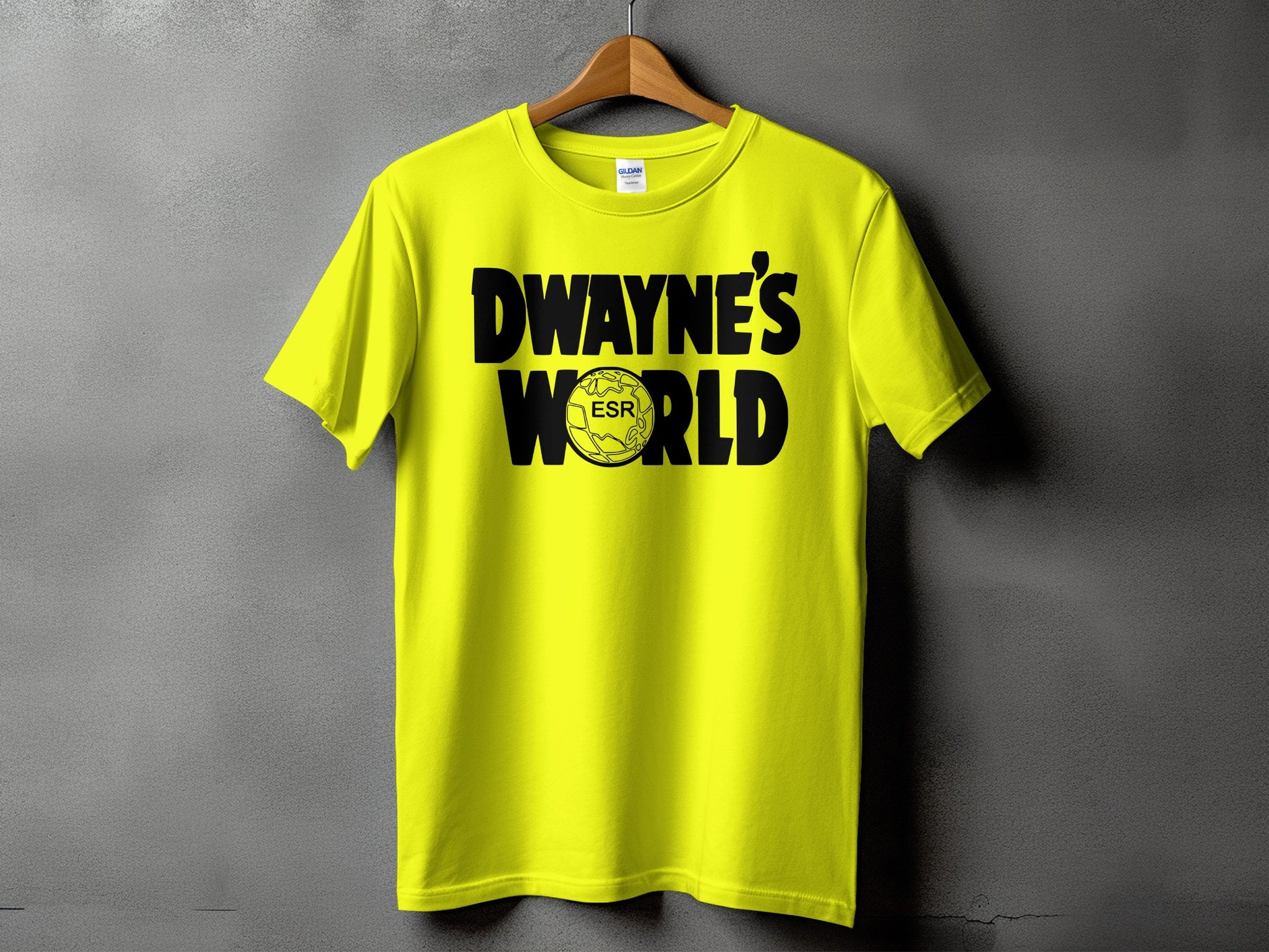 black t-shirt with white text that says Dwayne’s World, members-only t-shirt