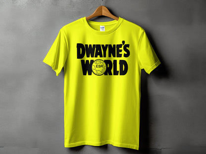 black t-shirt with white text that says Dwayne’s World, members-only t-shirt