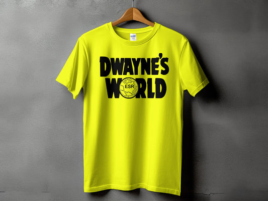 black t-shirt with white text that says Dwayne’s World, members-only t-shirt