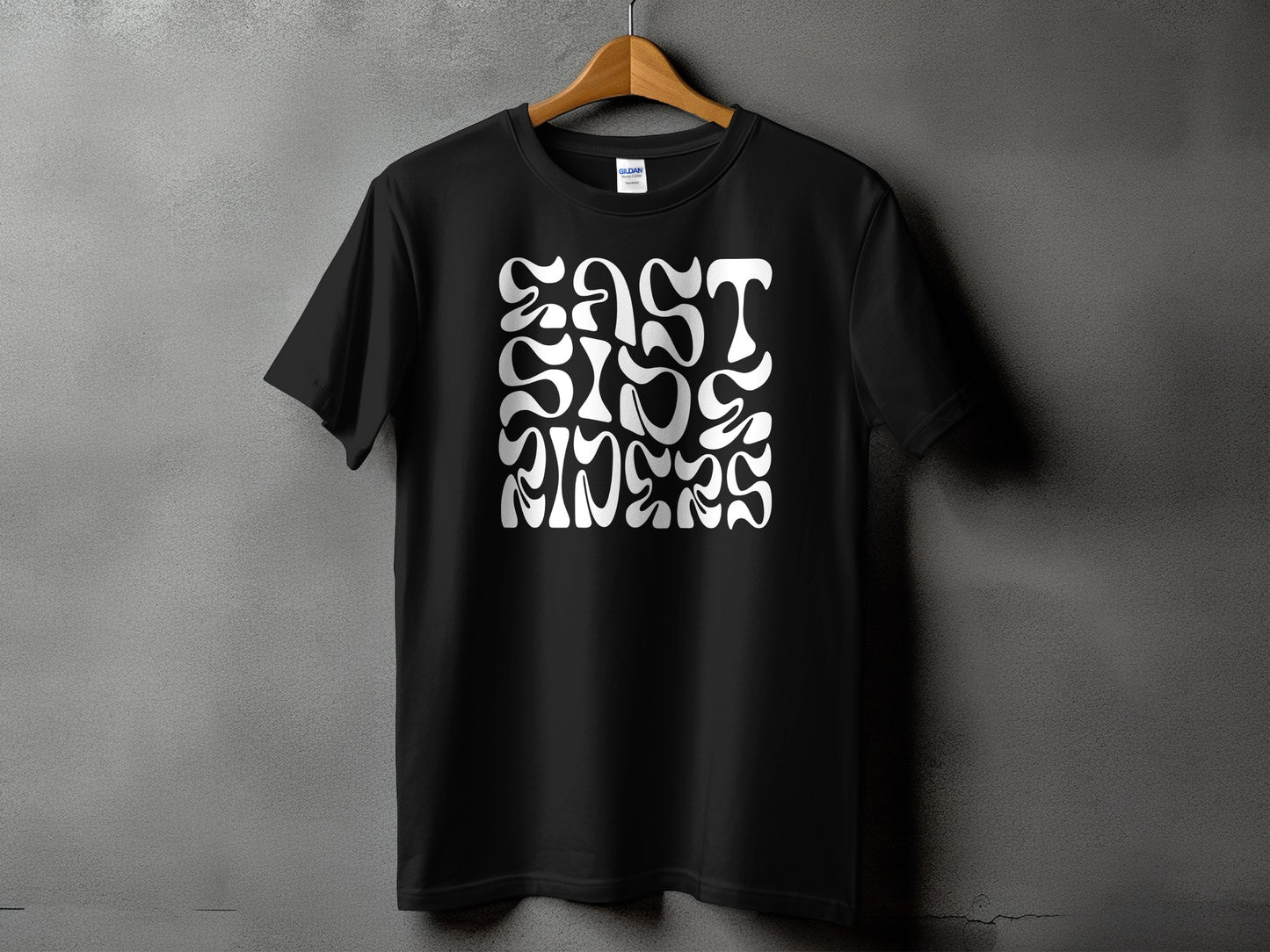 East Side Riders wavy stacked wordmark on a Gildan 5000 t-shirt