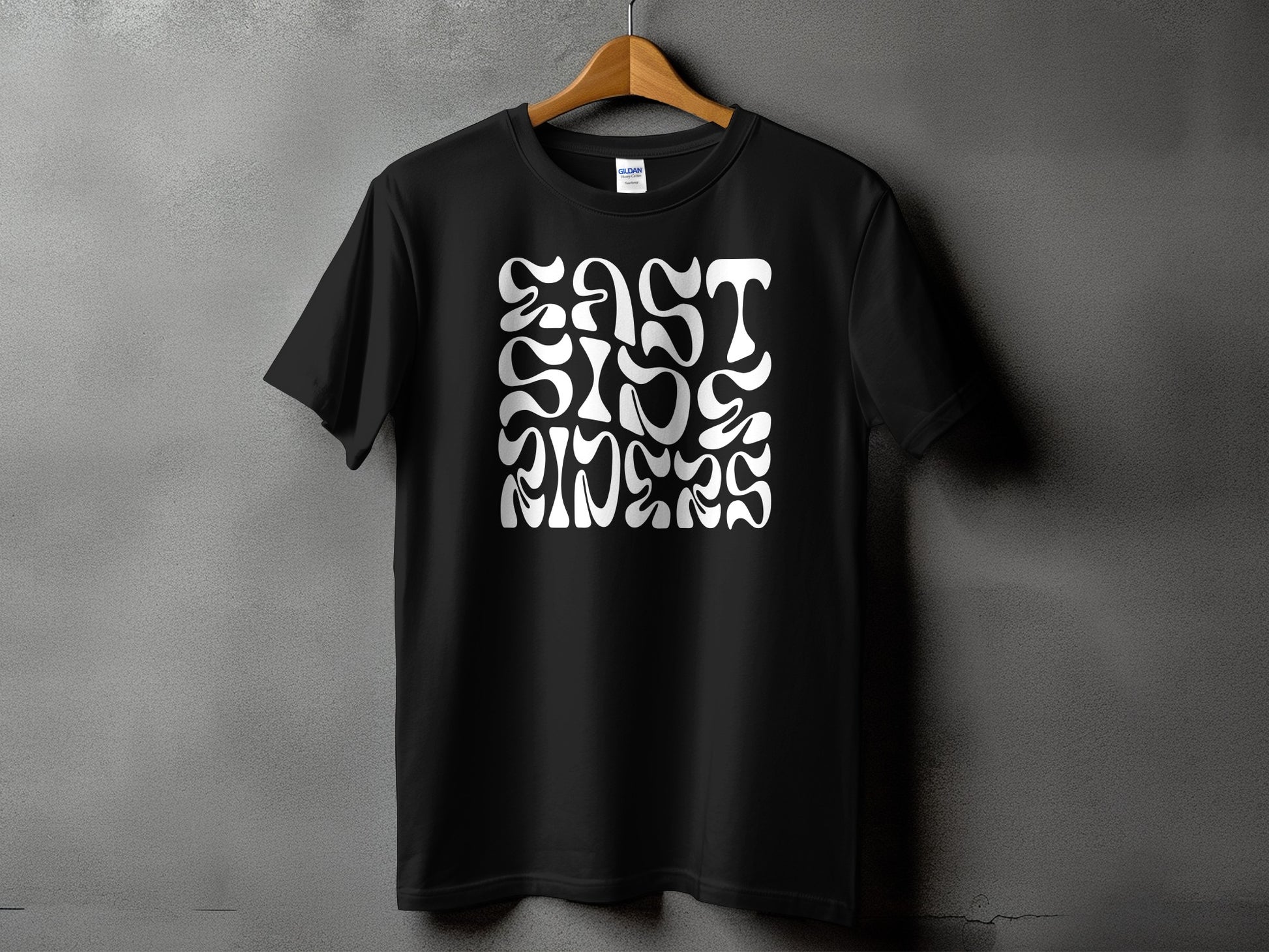 East Side Riders wavy stacked wordmark on a Gildan 5000 t-shirt