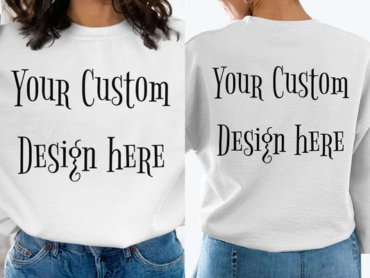 Light-colored Gildan 18000 sweatshirt customized with bold front and back artwork.