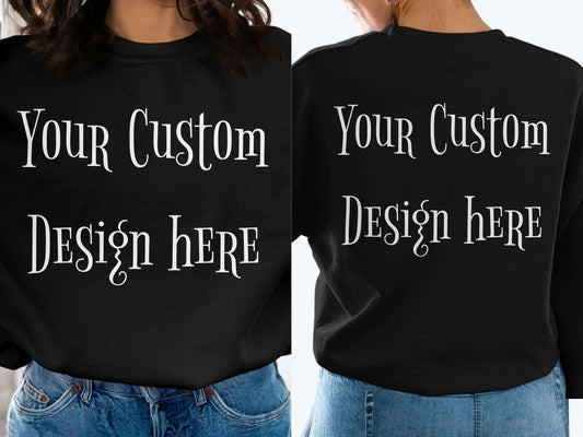 Dark-colored Gildan 18000 sweatshirt with bold, personalized front and back artwork.