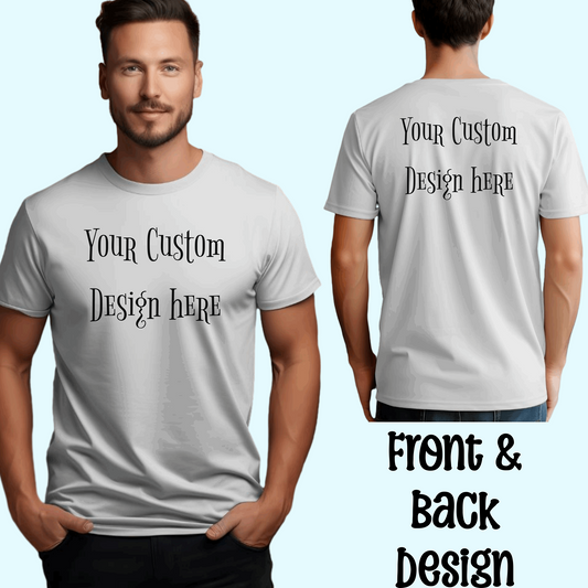 Custom Gildan 5000 t-shirt in dark colors with bold, personalized front and back designs.