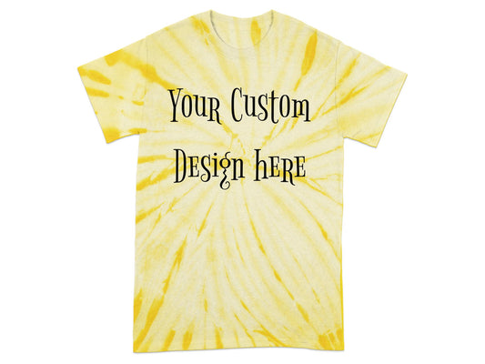 Tie-dye shirt with colorful swirls, featuring custom front and back designs in bold patterns.