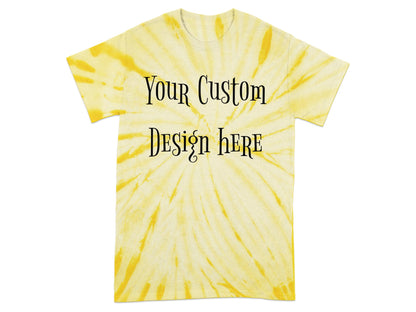 Tie-dye t-shirt featuring colorful swirls and custom front design in vibrant shades.