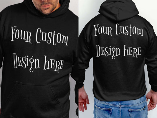 Dark-colored hoodie with custom artwork, featuring fleece lining and bold personalized designs.