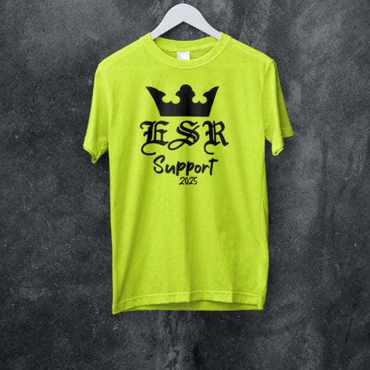 Safety green t-shirt with bold black crown design and “ESR Support 2025” text – custom support tee with royal graphic.